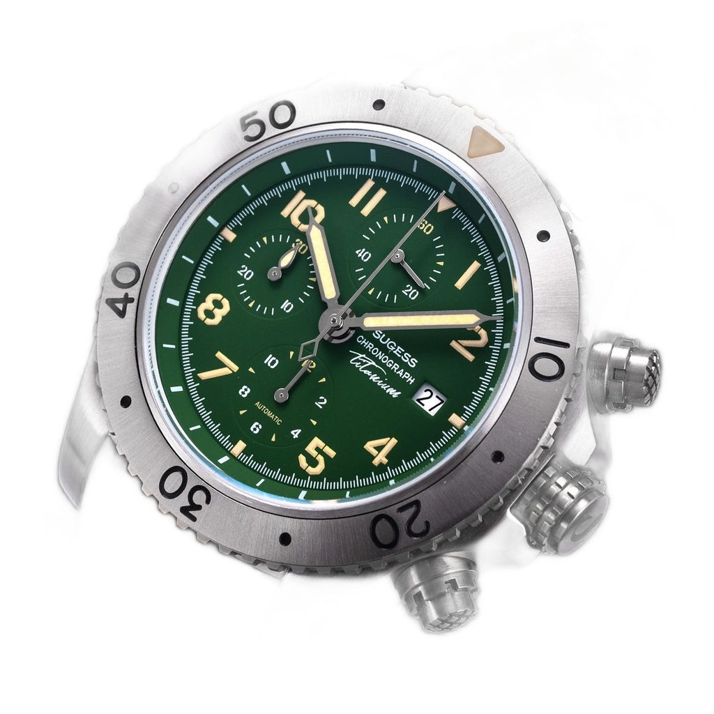 Sugess S464 titanium chronograph green dial, brown leather strap, low three-quarter angle on black
