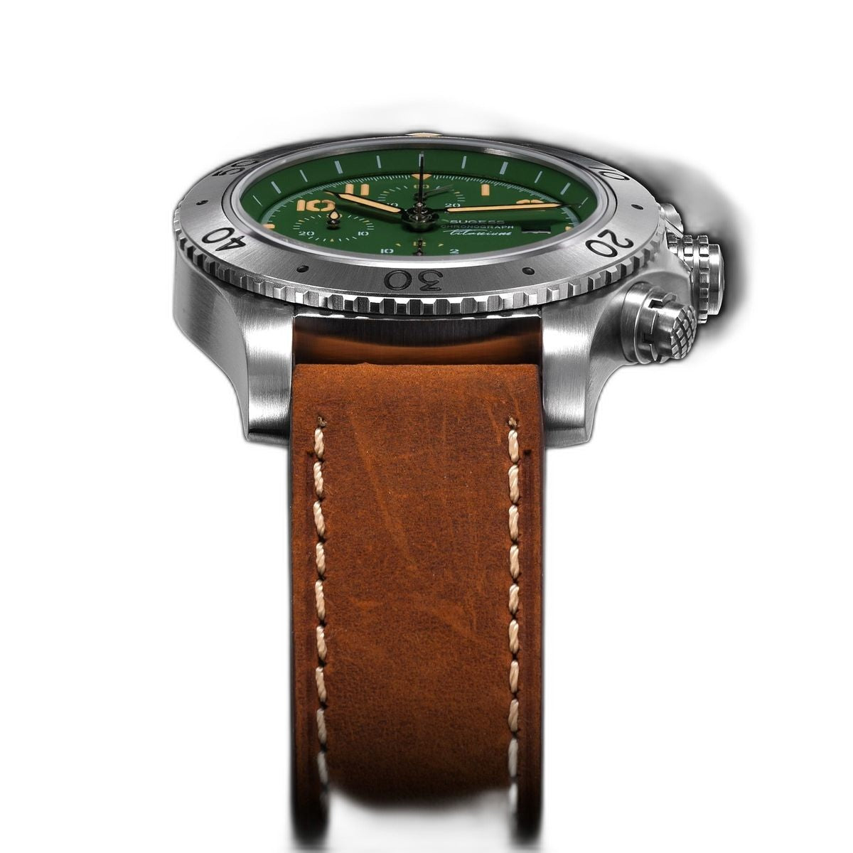 Sugess S464 titanium chronograph green dial, brown leather strap, three-quarter angled view on black