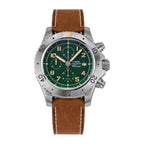 Sugess S464 titanium automatic chronograph, green dial, three sub-dials, countdown bezel, brown leather strap, front