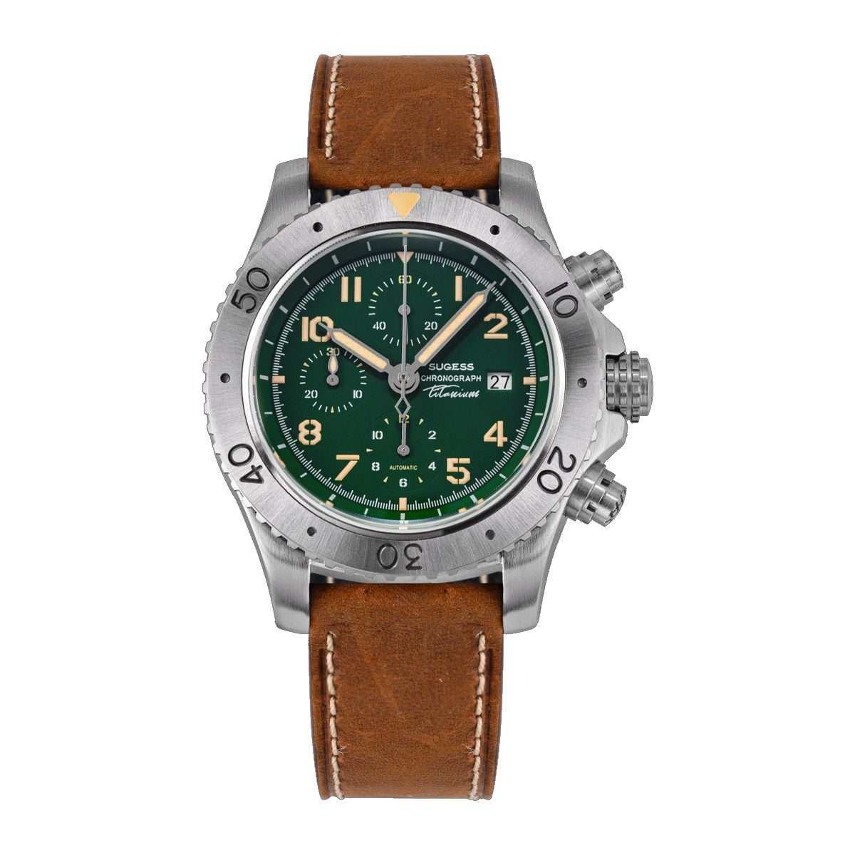 Sugess S464 titanium automatic chronograph, green dial, three sub-dials, countdown bezel, brown leather strap, front