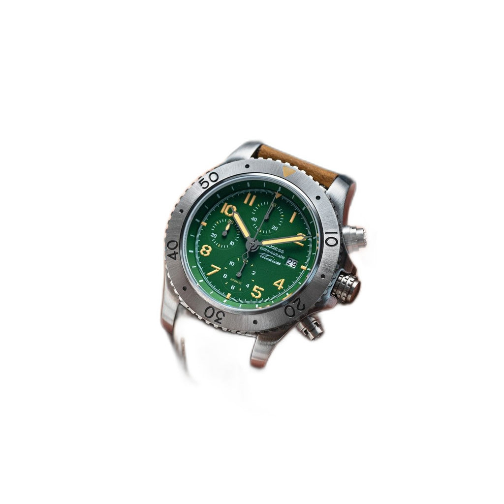Sugess S464 titanium chronograph green dial worn on the wrist with a brown leather strap
