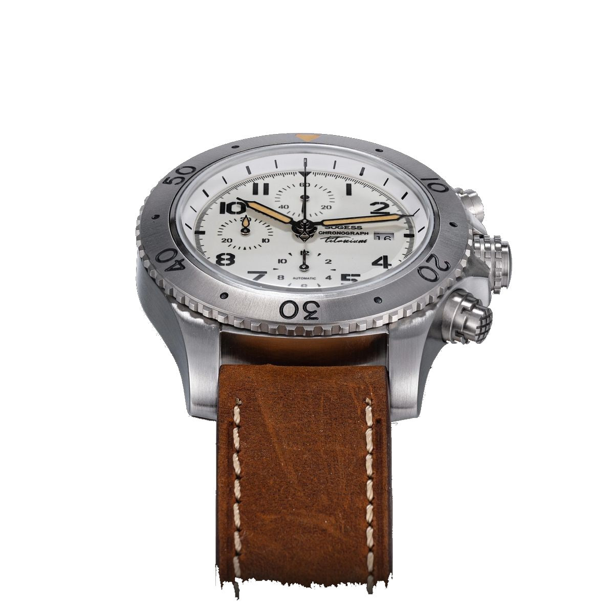 Sugess S464 titanium chronograph full-lume dial with mint tint, brown leather strap, angled flat lay on black