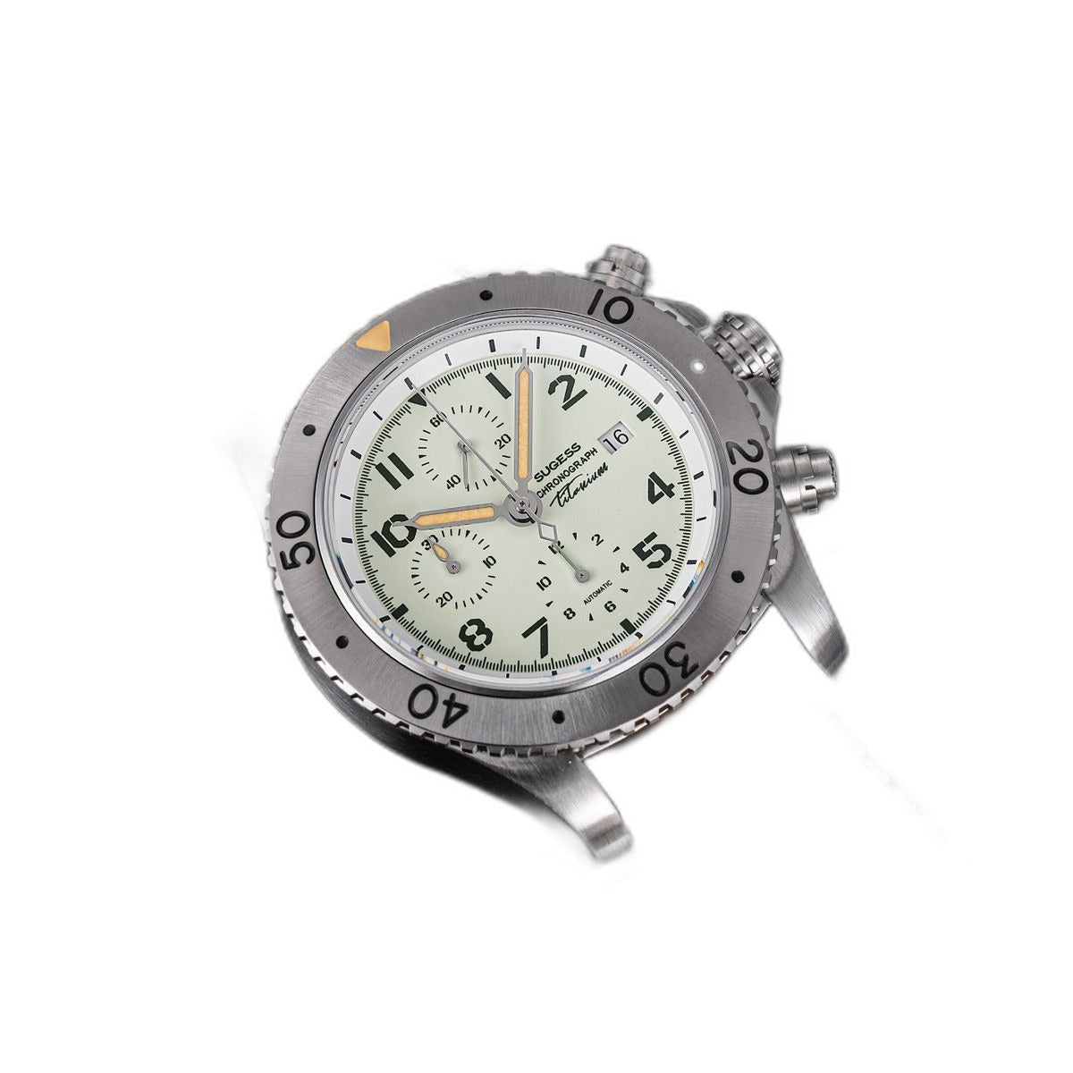 Sugess S464 titanium chronograph full-lume dial with mint tint, brown leather strap, three-quarter angle on black
