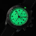Sugess S464 titanium chronograph full-lume dial with mint tint, brown leather strap, angled product view on black