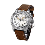 Sugess S464 titanium chronograph full-lume cream dial, brown leather strap, three-quarter angled view on black