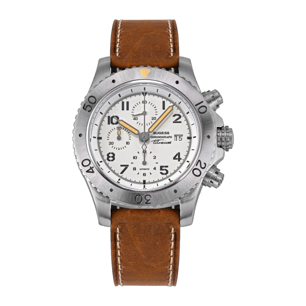 Sugess S464 titanium automatic chronograph, full-lume cream dial, three sub-dials, countdown bezel, brown strap, front