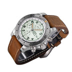 Sugess S464 titanium chronograph full-lume dial side profile, countdown bezel edge, brown strap, on black