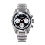 Sugess S465 Chrono Heritage chronograph, black dial, white sub-dials, red central seconds, tachymeter, steel bracelet, front