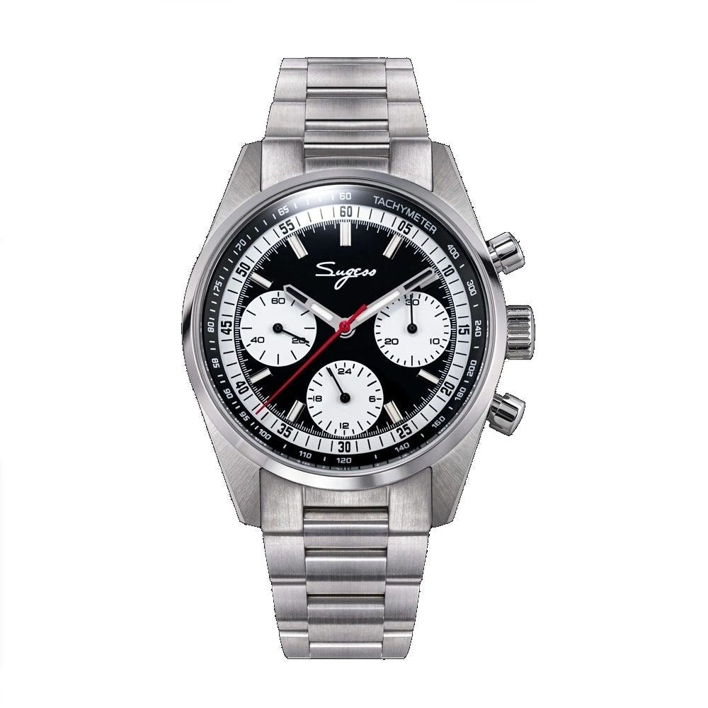 Sugess S465 Chrono Heritage chronograph, black dial, white sub-dials, red central seconds, tachymeter, steel bracelet, front