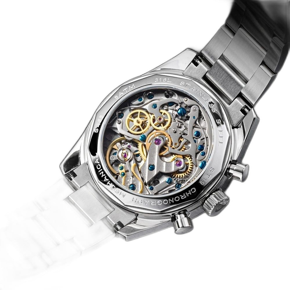 Sugess S465 exhibition caseback, ST19 skeleton chronograph movement and steel bracelet, angled view on black