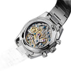 Sugess S465 exhibition caseback, ST19 skeleton chronograph movement and steel bracelet, angled view on black