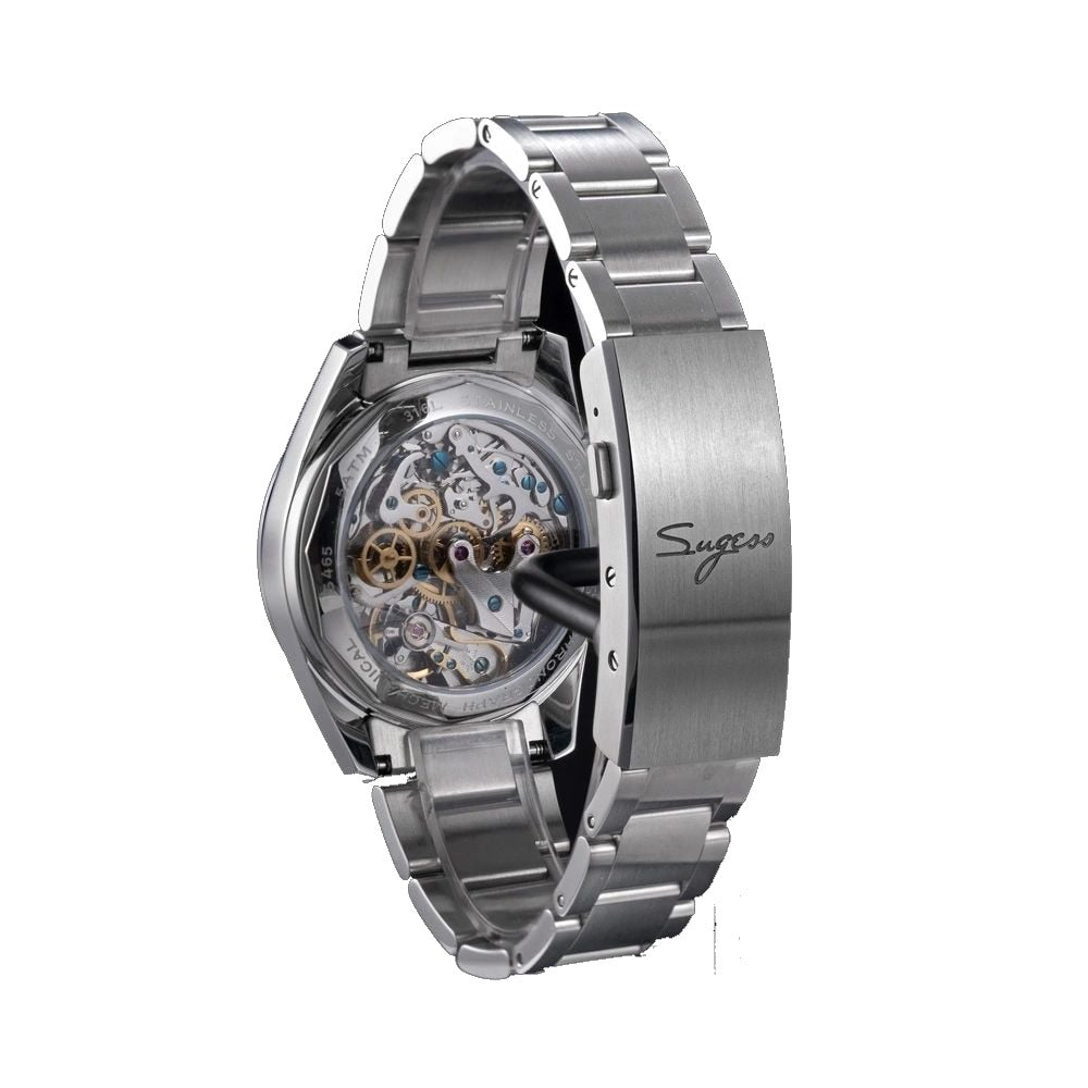 Sugess S465 Chrono Heritage exhibition caseback, ST19 hand-wound chronograph movement and steel bracelet, on black