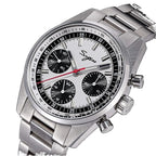 Sugess S465 silver panda dial chronograph, black sub-dials, steel bracelet, front three-quarter view on black