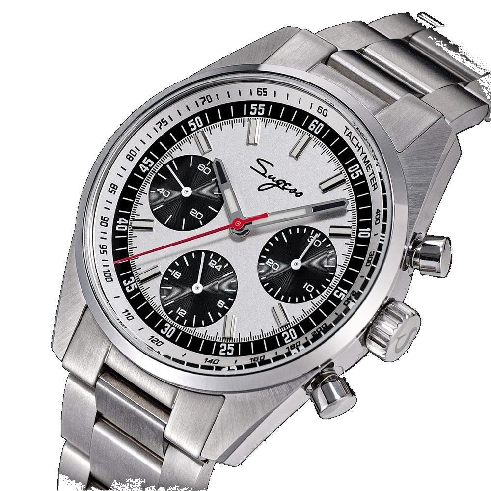 Sugess S465 silver panda dial chronograph, black sub-dials, steel bracelet, front three-quarter view on black