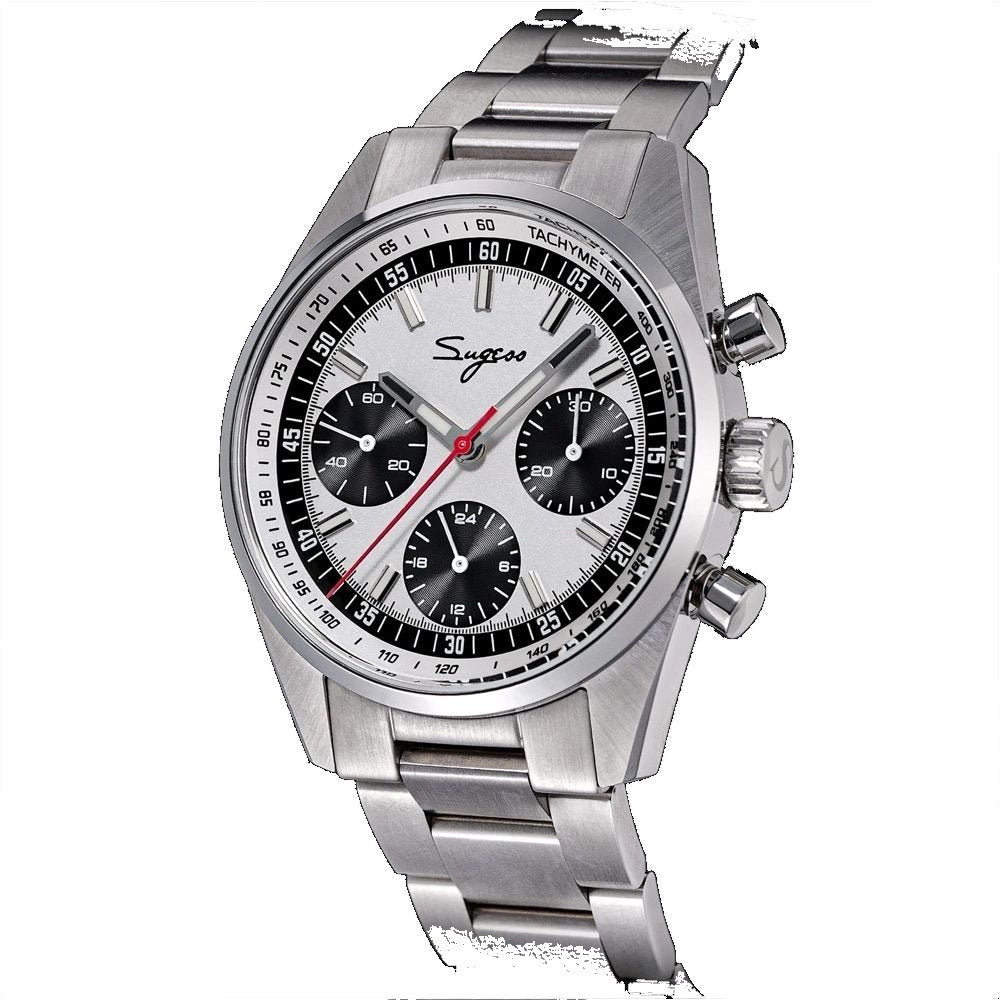 Sugess S465 silver panda dial chronograph, black sub-dials, steel bracelet, three-quarter angled view on black