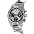 Sugess S465 silver panda dial chronograph, black sub-dials, steel bracelet, three-quarter angled view on black