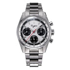 Sugess S465 Chrono Heritage manual chronograph, silver panda dial, black sub-dials, tachymeter, steel bracelet, front