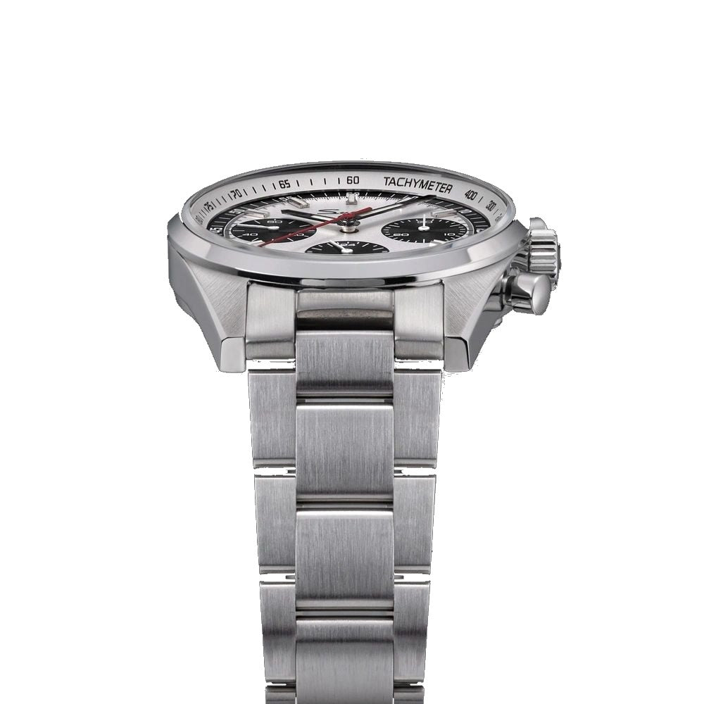 Sugess S465 silver panda dial chronograph side profile, tachymeter bezel edge, steel bracelet, on black