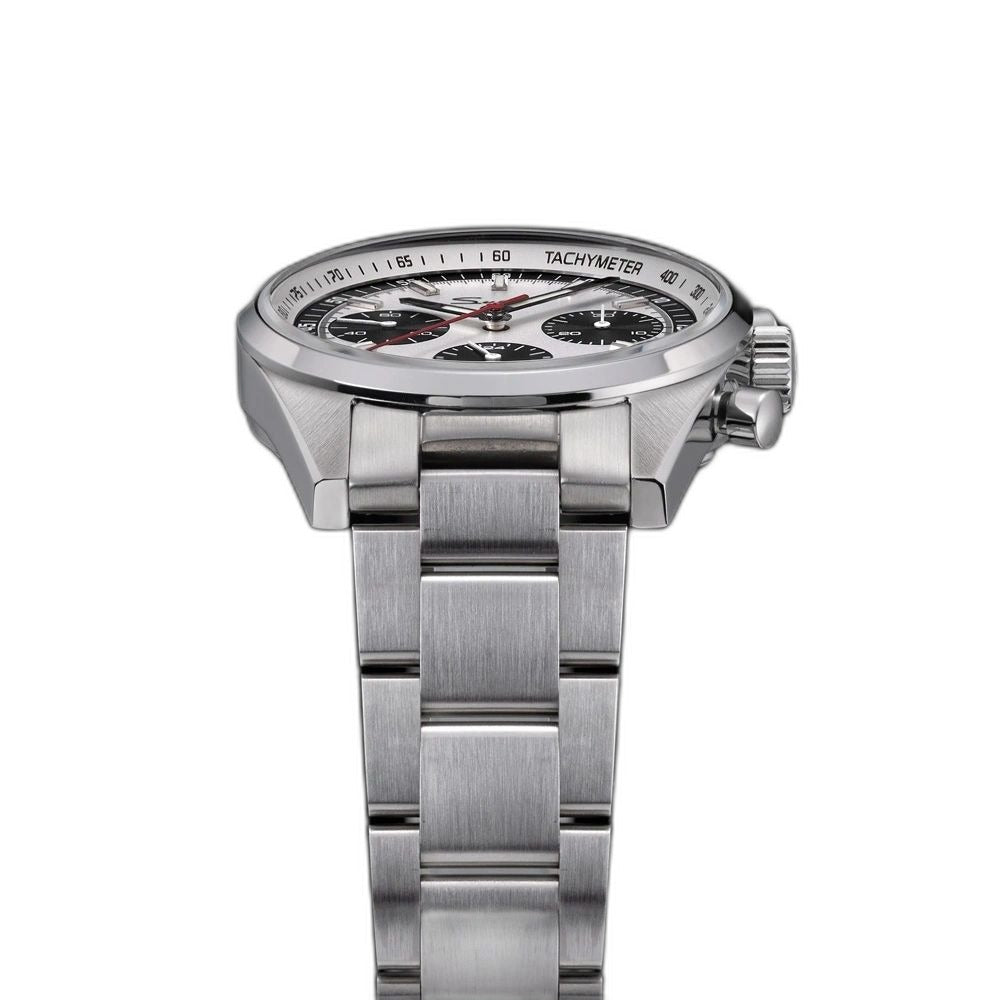 Sugess S465 silver panda dial chronograph side profile, chronograph pushers and crown, steel bracelet, on black