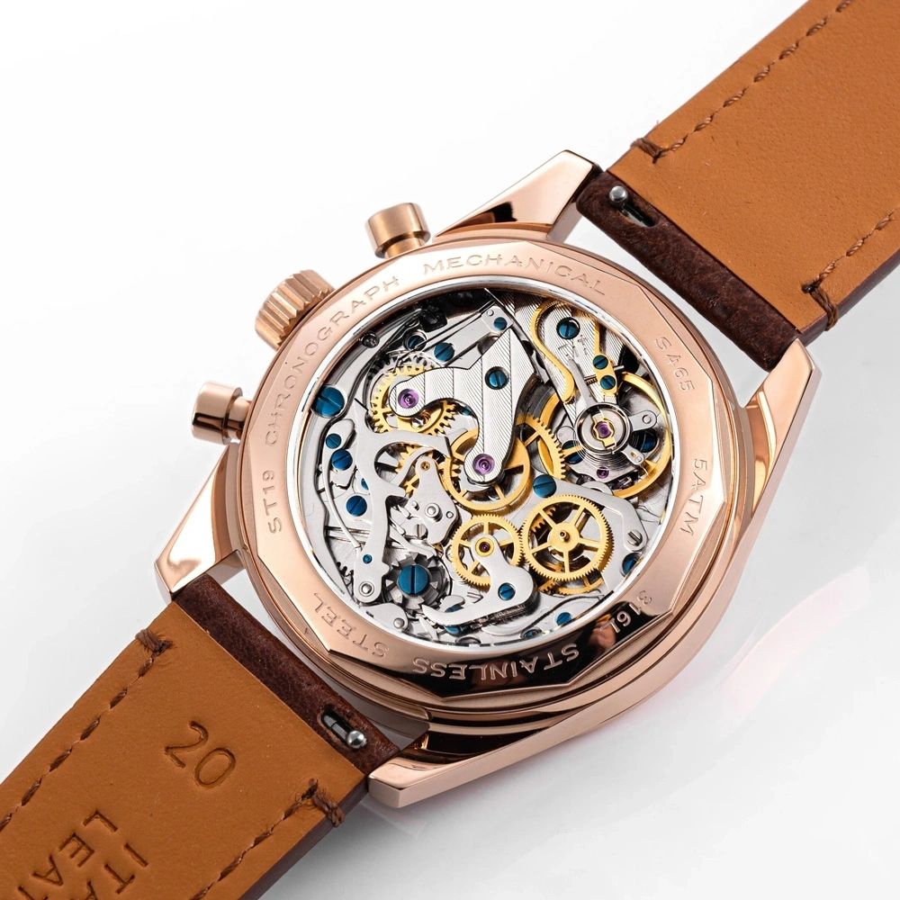 Sugess S465 rose gold exhibition caseback, ST19 hand-wound chronograph movement, brown leather strap, on white