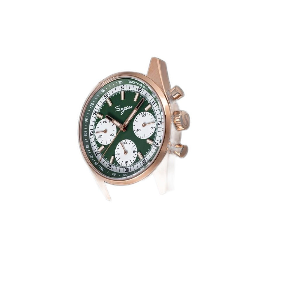 Sugess S465 rose gold green dial chronograph, white sub-dials, brown leather strap, front three-quarter on black