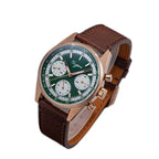 Sugess S465 rose gold green dial chronograph, white sub-dials, brown leather strap, three-quarter angle on black