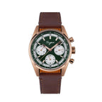 Sugess S465 Chrono Heritage chronograph, rose gold case, green dial, white sub-dials, brown leather strap, front