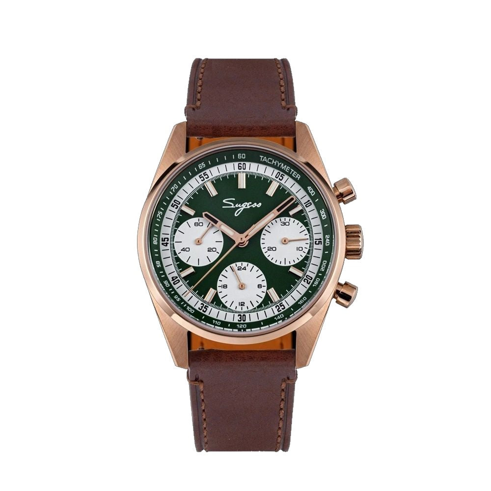 Sugess S465 Chrono Heritage chronograph, rose gold case, green dial, white sub-dials, brown leather strap, front