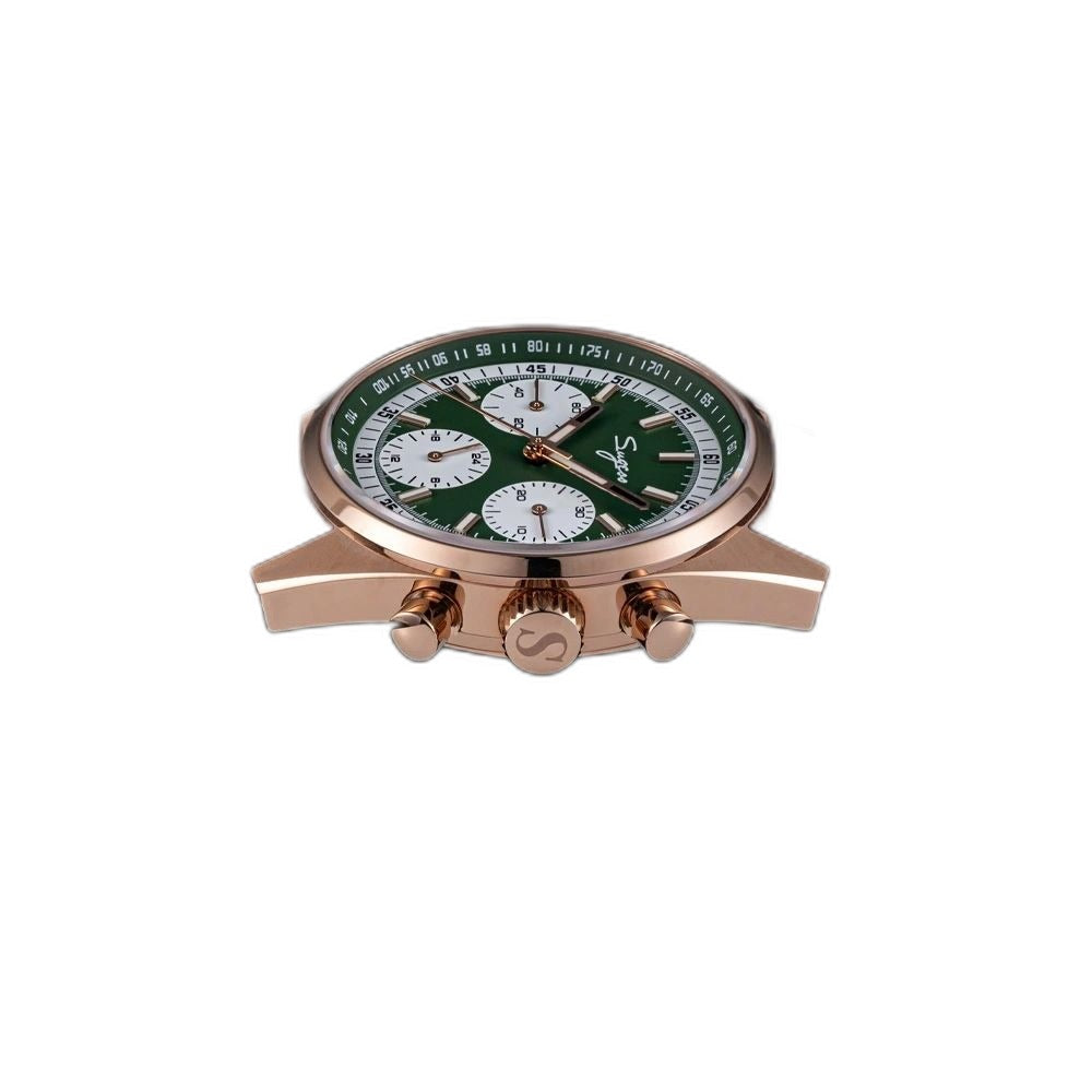 Sugess S465 rose gold green dial chronograph side profile, S-engraved crown and pushers, brown strap, on black