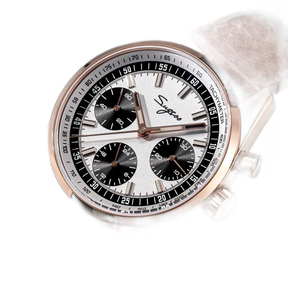 Sugess S465 rose gold silver panda dial chronograph, black sub-dials, brown leather strap, front three-quarter on black
