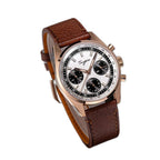 Sugess S465 rose gold silver panda dial chronograph, black sub-dials, brown leather strap, three-quarter angle on black