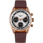 Sugess S465 Chrono Heritage chronograph, rose gold case, silver panda dial, black sub-dials, brown leather strap, front