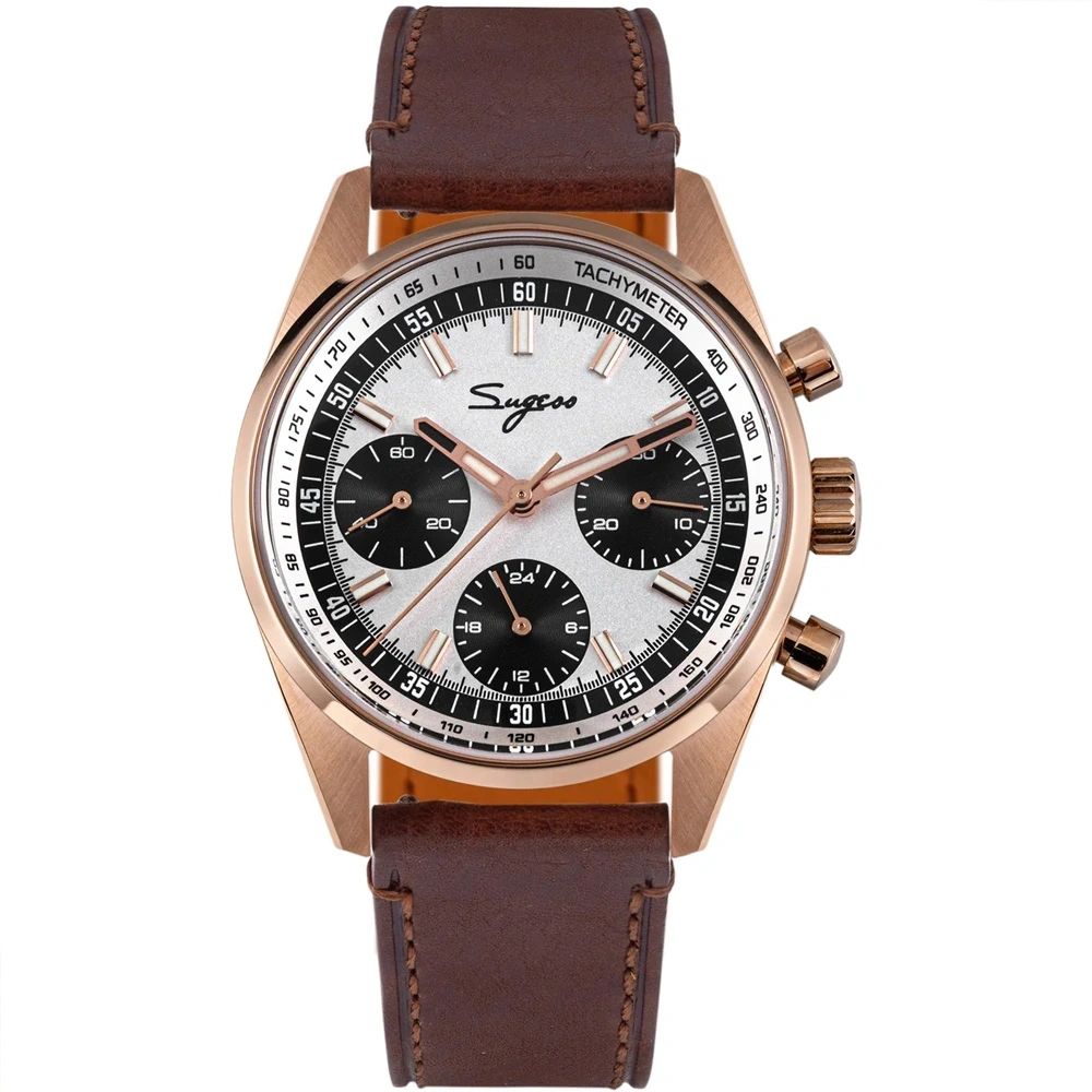 Sugess S465 Chrono Heritage chronograph, rose gold case, silver panda dial, black sub-dials, brown leather strap, front