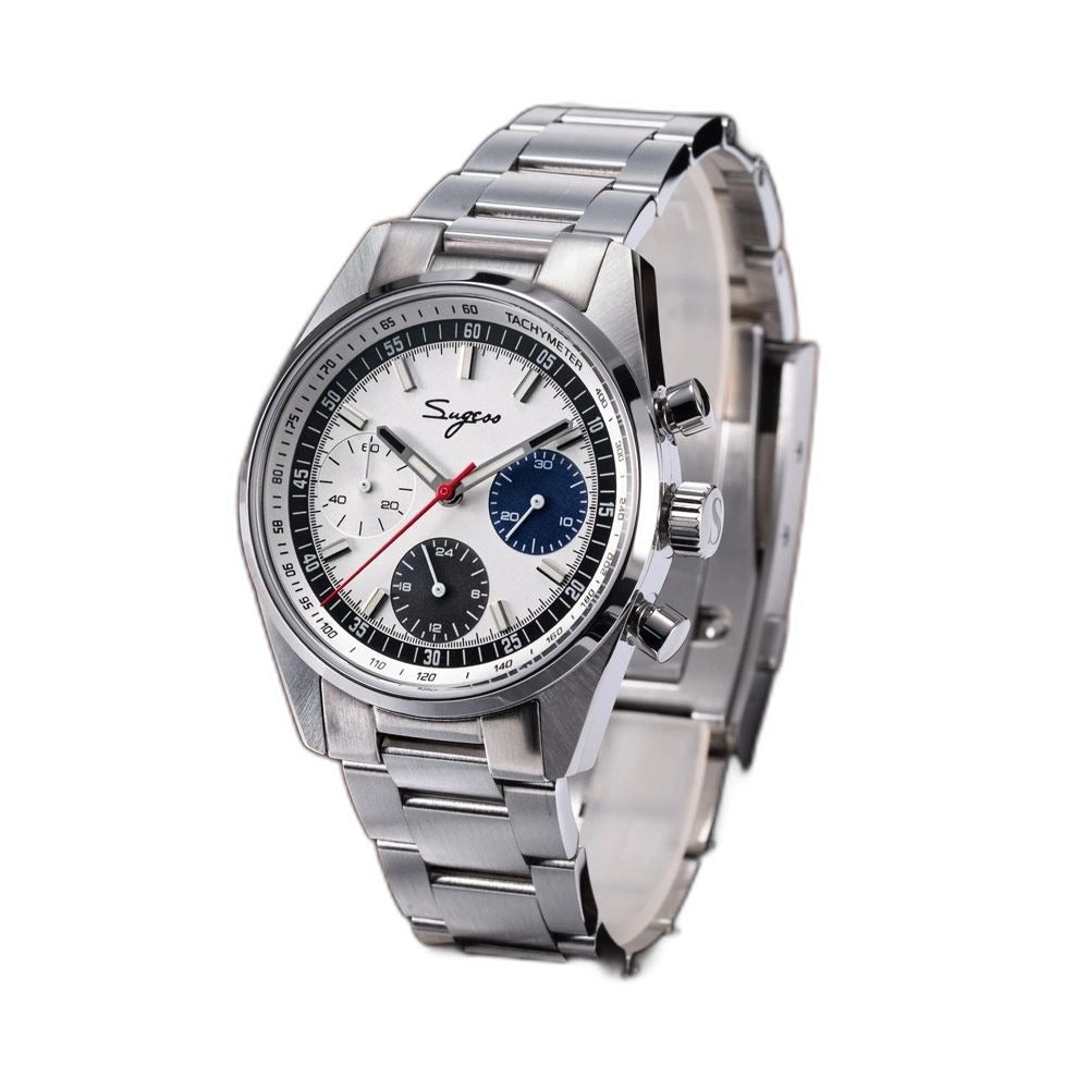 Sugess S465 chronograph, silver dial with blue and grey sub-dials, steel bracelet, angled view on dark wood
