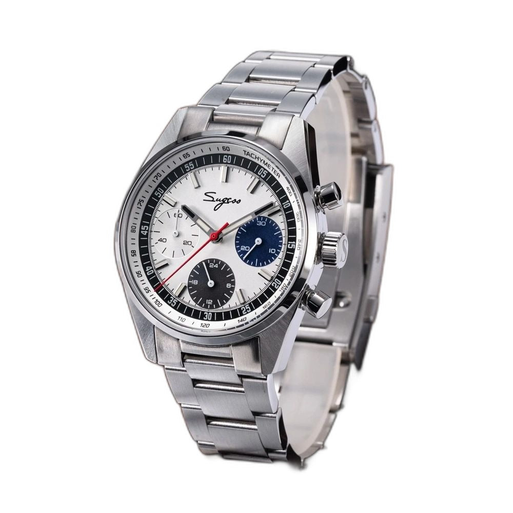 Sugess S465 chronograph, silver dial with blue and grey sub-dials, steel bracelet, front three-quarter on dark wood