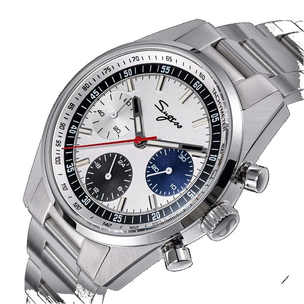 Sugess S465 chronograph, silver dial with blue and grey sub-dials, steel bracelet, three-quarter angle on black