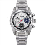 Sugess S465 Chrono Heritage chronograph, silver dial with blue and grey sub-dials, tachymeter, steel bracelet, front