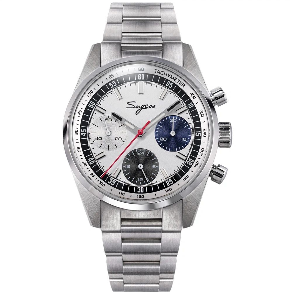 Sugess S465 Chrono Heritage chronograph, silver dial with blue and grey sub-dials, tachymeter, steel bracelet, front