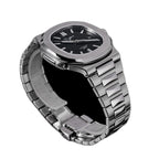 Sugess S466 black dial sport watch, steel bracelet, dynamic three-quarter angle on black