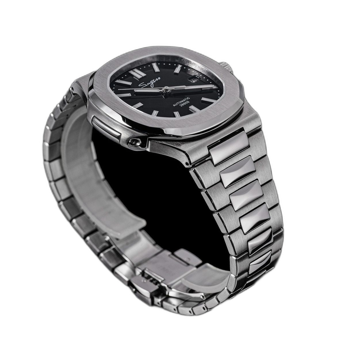 Sugess S466 black dial sport watch, steel bracelet, dynamic three-quarter angle on black