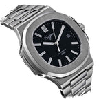 Sugess S466 black dial sport watch, steel bracelet, three-quarter angled view on black