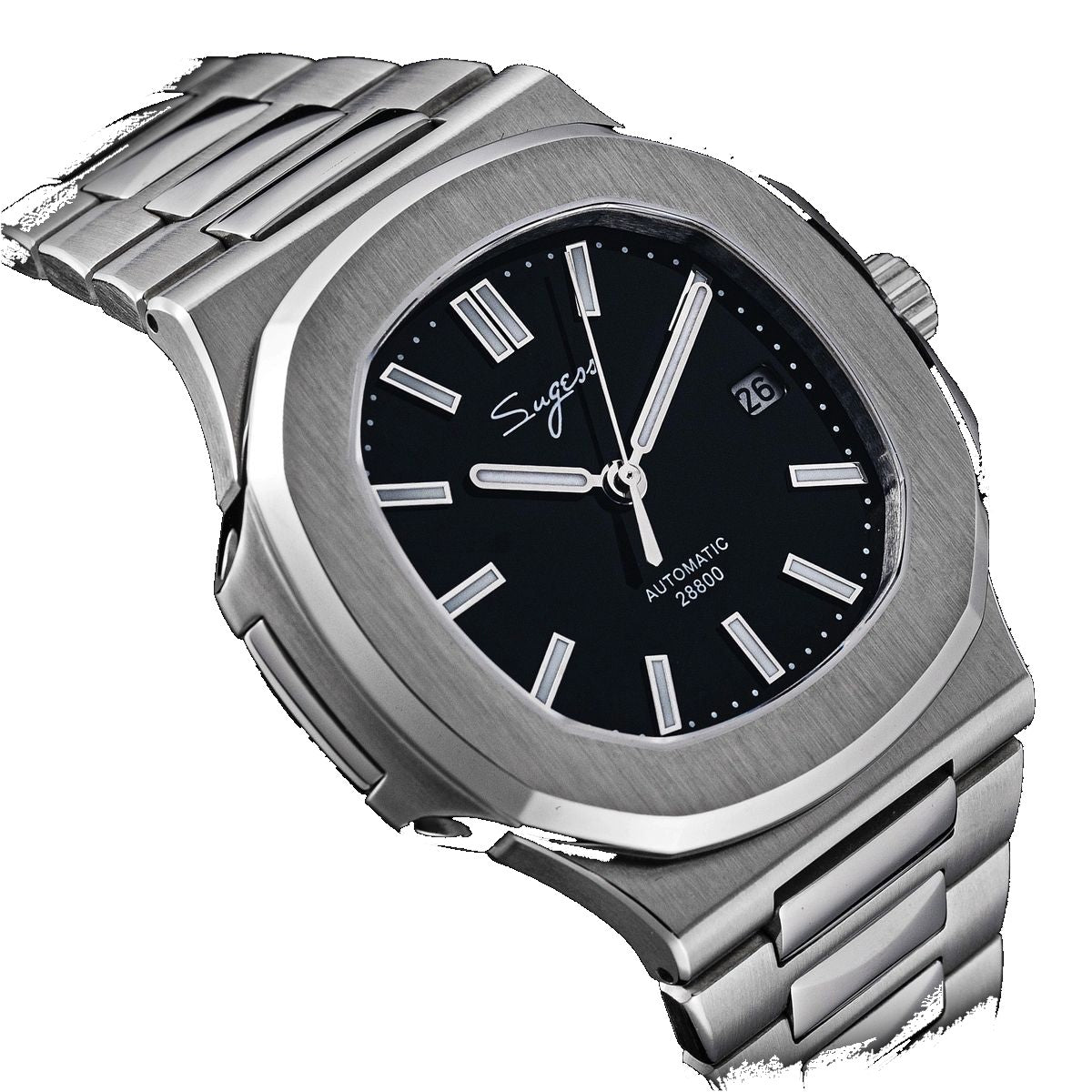 Sugess S466 black dial sport watch, steel bracelet, three-quarter angled view on black