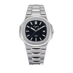 Sugess S466 automatic sport watch, black dial, octagonal bezel, integrated steel bracelet, front view