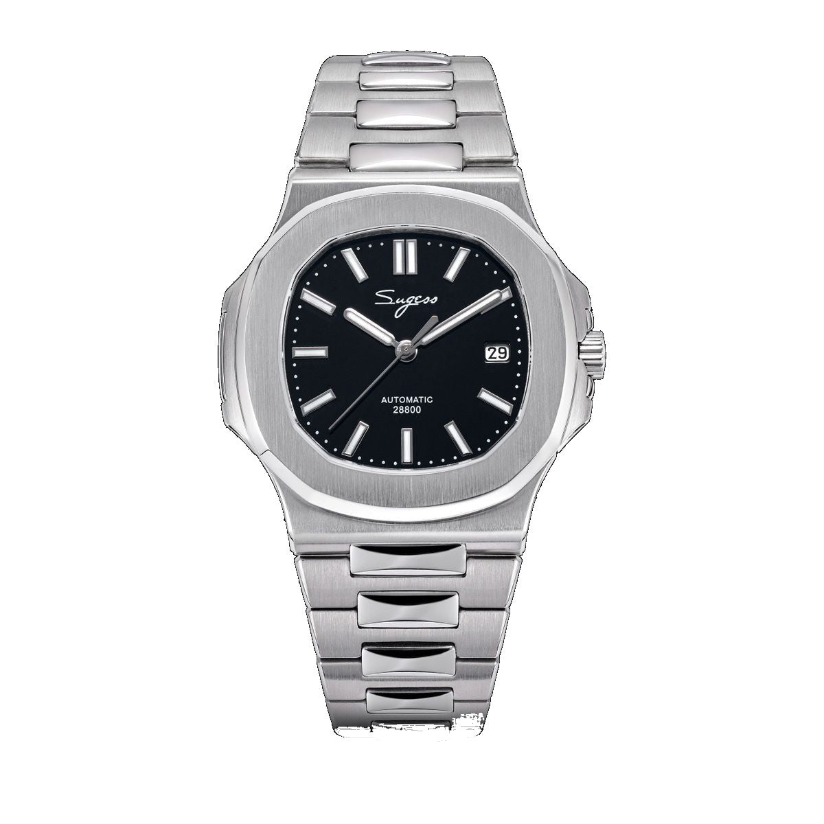 Sugess S466 automatic sport watch, black dial, octagonal bezel, integrated steel bracelet, front view