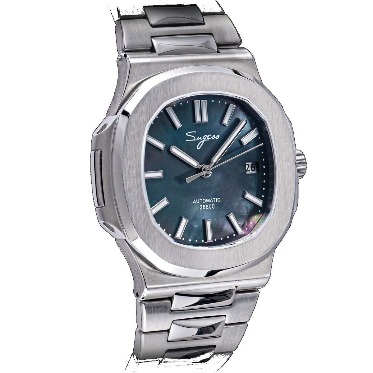 Sugess S466 dark mother-of-pearl dial sport watch, steel bracelet, front three-quarter view on black