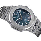 Sugess S466 dark mother-of-pearl dial sport watch, steel bracelet, low three-quarter angle on black