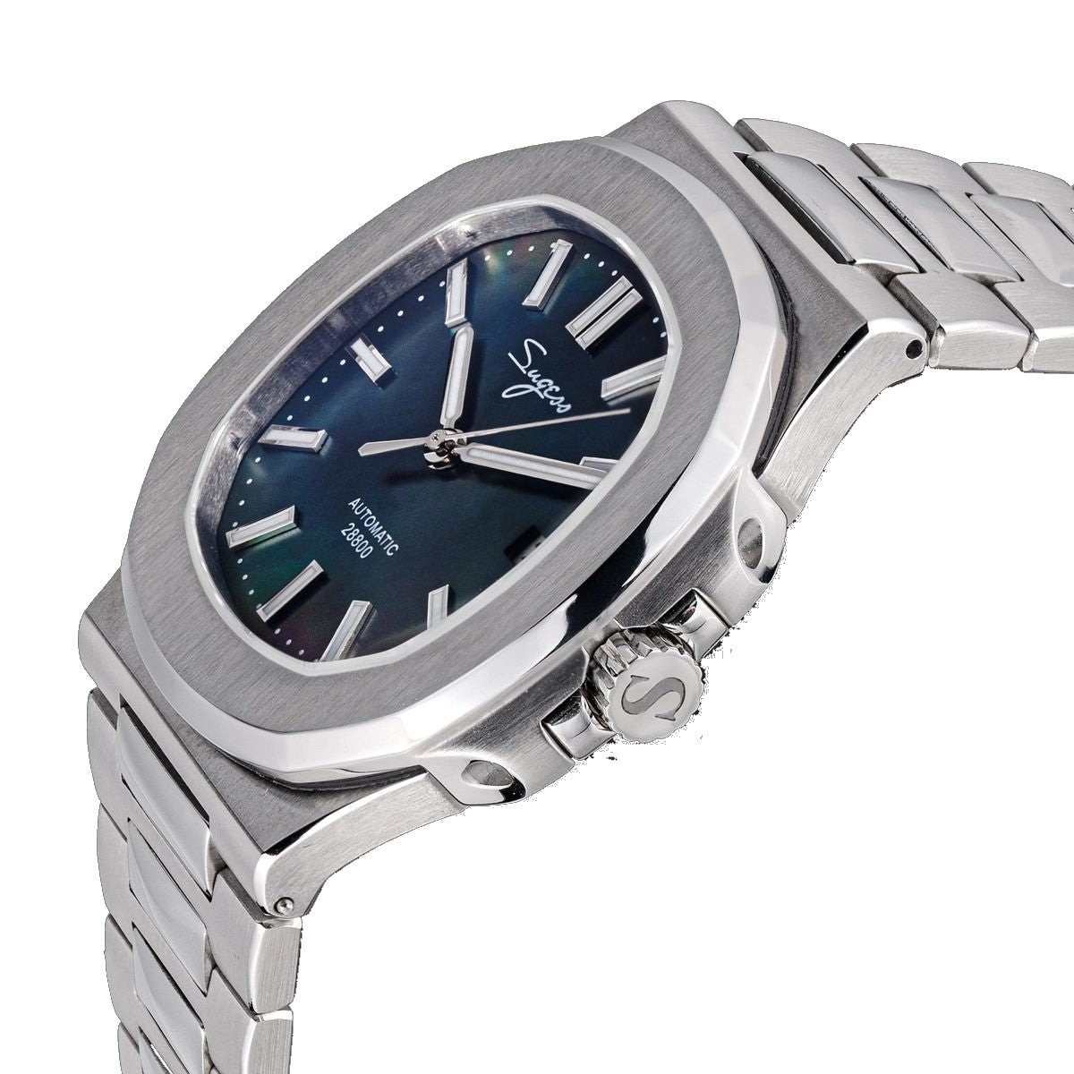 Sugess S466 dark mother-of-pearl dial sport watch, steel bracelet, three-quarter angled view on black