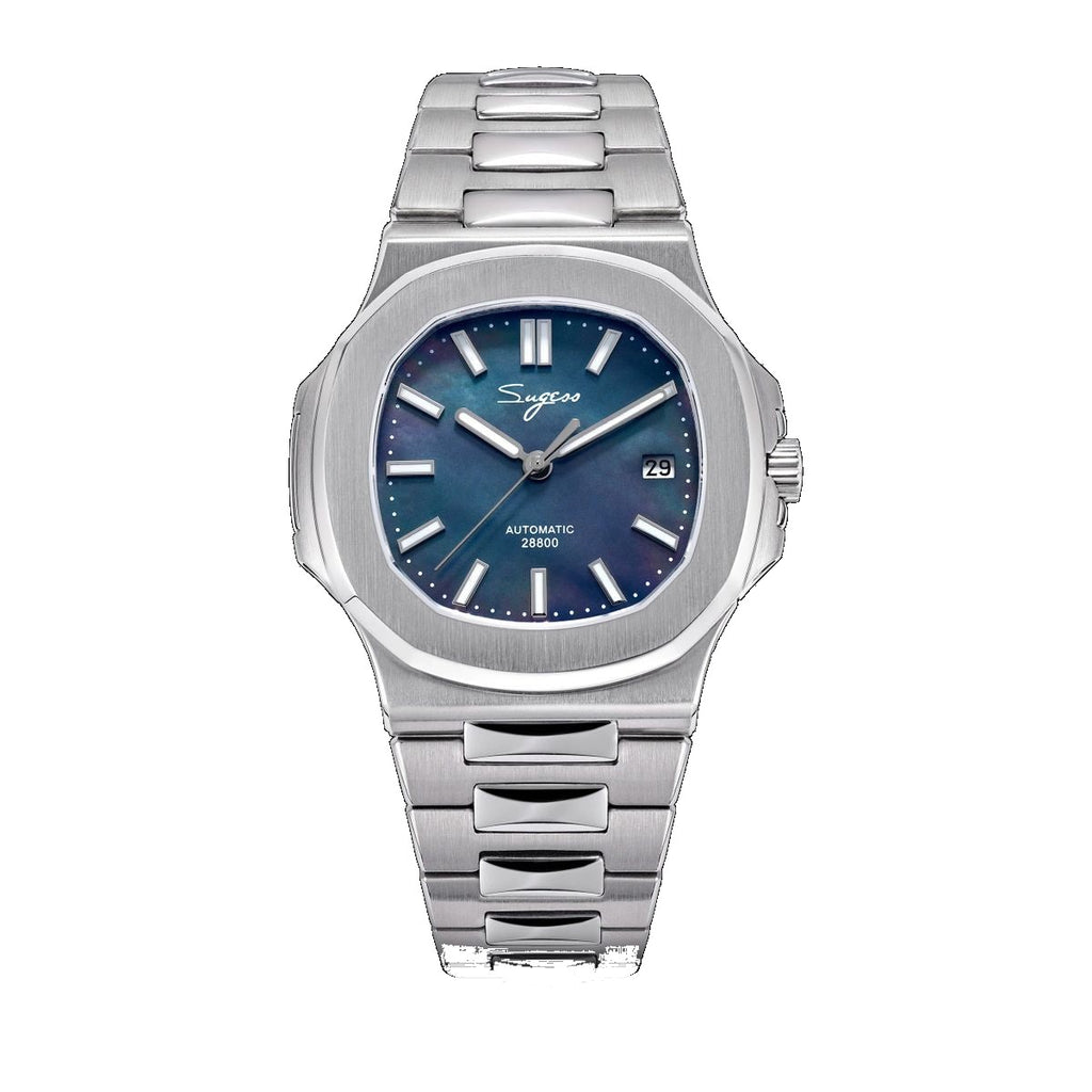 Sugess S466 automatic sport watch, dark mother-of-pearl dial, octagonal bezel, integrated steel bracelet, front