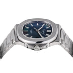 Sugess S466 dark mother-of-pearl dial sport watch side profile, S-engraved crown, steel bracelet, on black