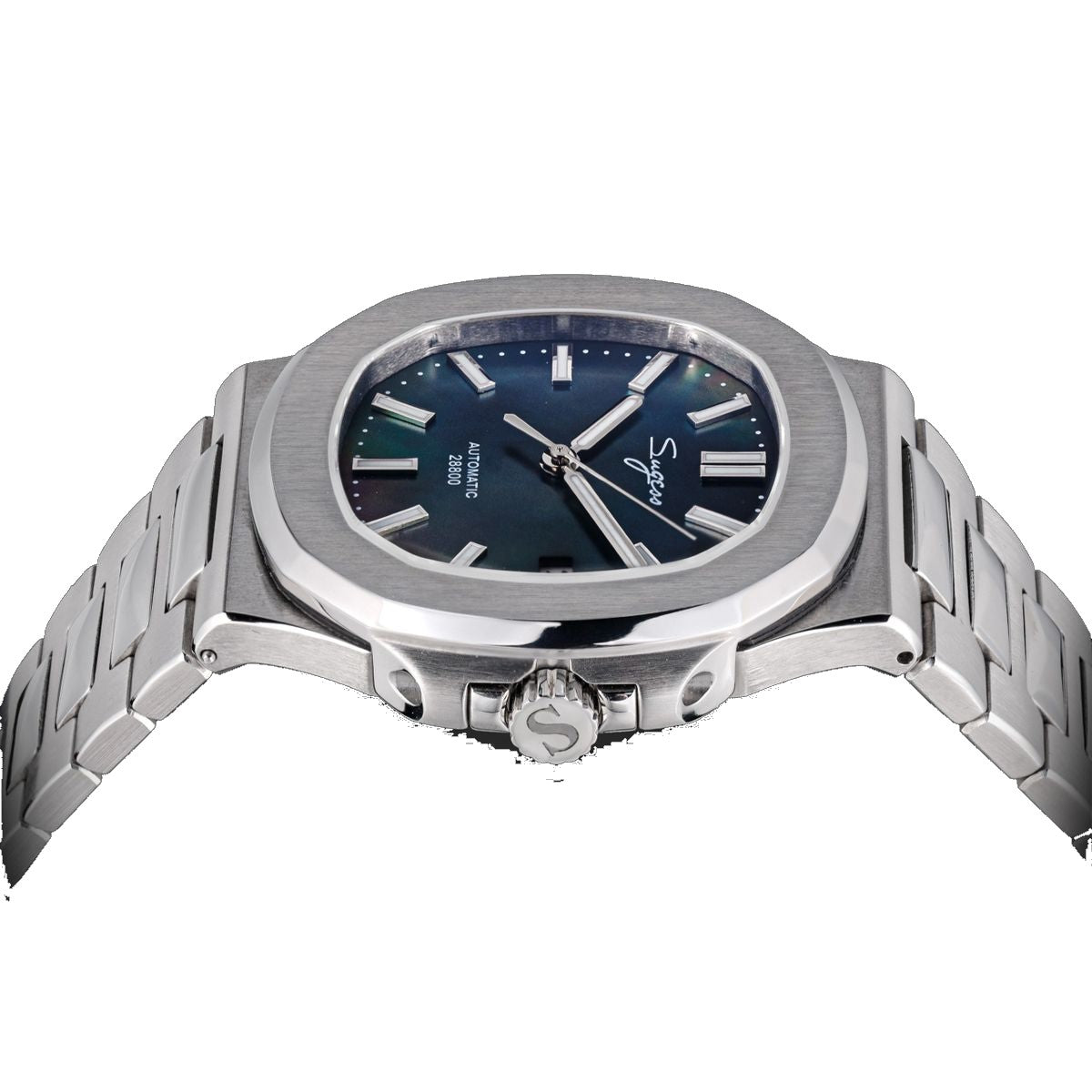 Sugess S466 dark mother-of-pearl dial sport watch side profile, S-engraved crown, steel bracelet, on black